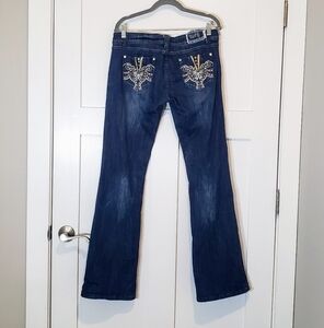 Way Women's Blue Jeans with Embellished Pockets Blingy Mid-Rise Bootcut Size 11